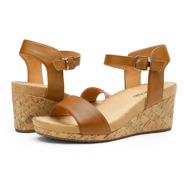 Buckle Platform Wedge Sandals - CAMEL PU - 3